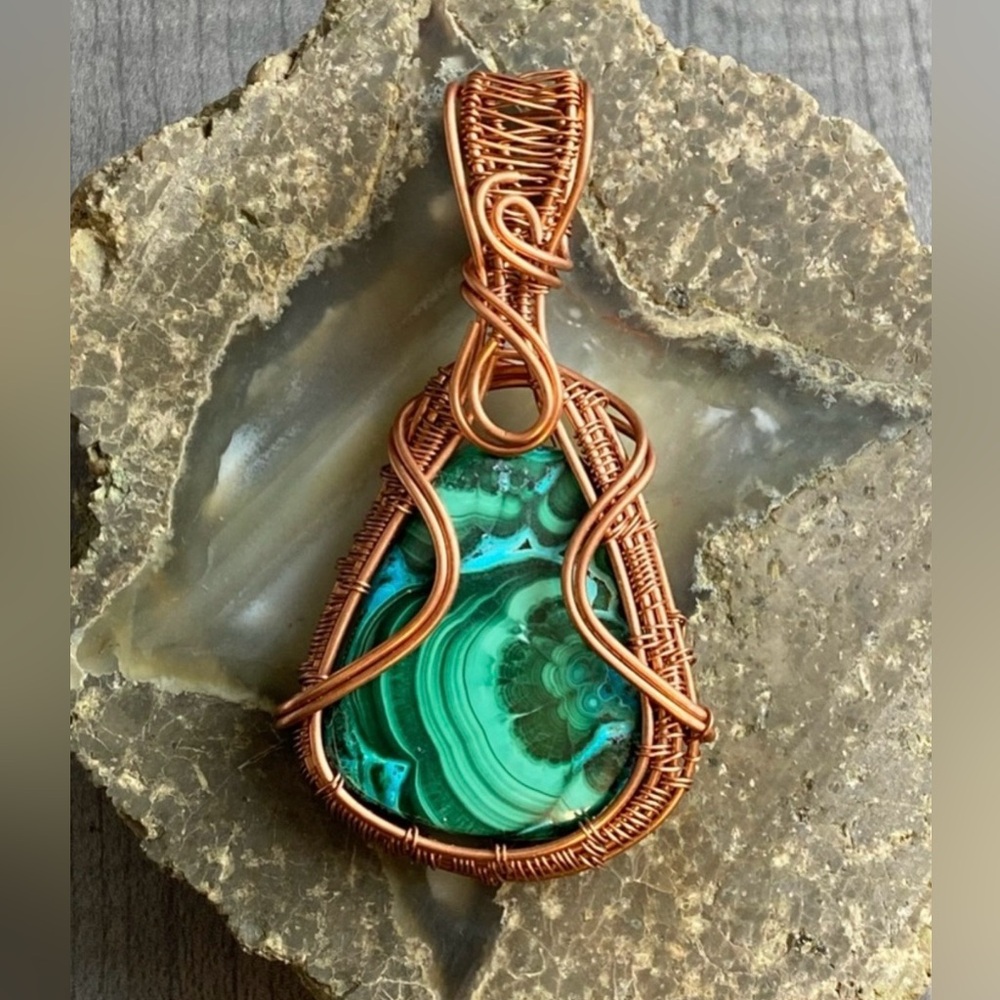 NWOT Genuine Malachite in Chrysocolla Gemstone, Copper Wire Wrap Pendant